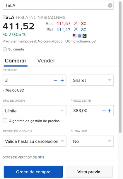 Orden de compra de Tesla en MEXEM