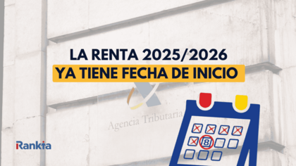 Imagen con el texto “La Renta 2025/2026 ya tiene fecha de inicio” sobre la fachada de la Agencia Tributaria y un calendario marcando el 8 de abril, fecha en la que empieza la declaración de la Renta 2025 en España.