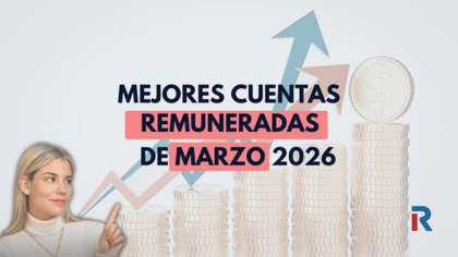 Imagen de portada sobre mejores cuentas remuneradas marzo 2026 con Paula Díaz Linares, periodista en Banca Rankia, señalando una gráfica ascendente y pilas de monedas en tonos beige y azul. Texto destacado en azul oscuro y fondo claro con flechas de crecimiento y logo de Rankia en la esquina inferior derecha.