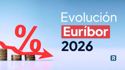 Imagen ilustrativa sobre la evolución del Euríbor en 2026, con un símbolo de porcentaje en rojo, monedas apiladas y una flecha descendente que representa la bajada del índice hipotecario.
