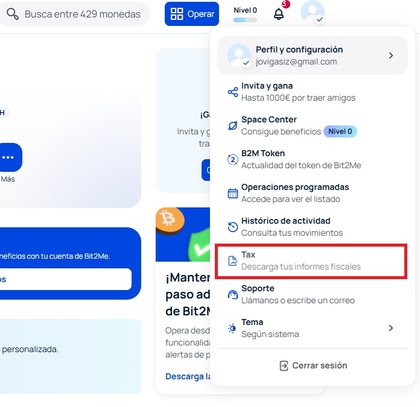 Acceder al informe fiscal de criptomonedas en Bit2Me