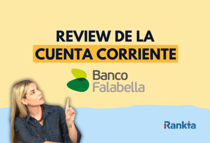Imagen de portada: Una joven señalando el texto REVIEW DE LA CUENTA CORRIENTE y el logotipo de Banco Falabella, con el logo de Rankia en la esquina inferior, sobre un fondo amarillo y azul.