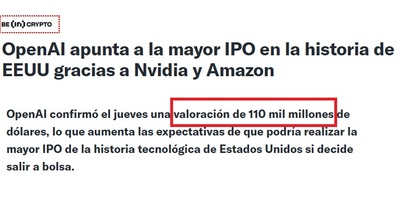 La valoración de OPEN AI pdría superar los 100.000 millones de USD antes de salir a bolsa en 2026