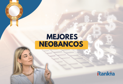 Ilustración de los mejores neobancos en España: mujer señalando el título “Mejores neobancos” sobre fondo con teclado, símbolos de divisas (euro, dólar, libra) y tonos azules y dorados de estilo financiero digital