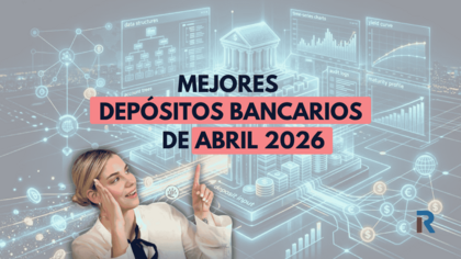 Ilustración digital en tonos azules con gráficos financieros, paneles de datos y un edificio bancario al fondo; en primer plano una mujer señalando el texto “Mejores depósitos bancarios de abril 2026” en recuadros rosados.