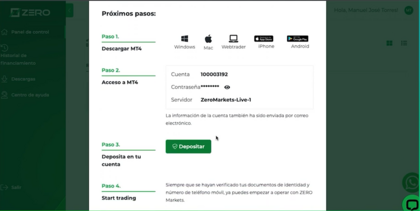 Depósito de fondos en ZERO Markets