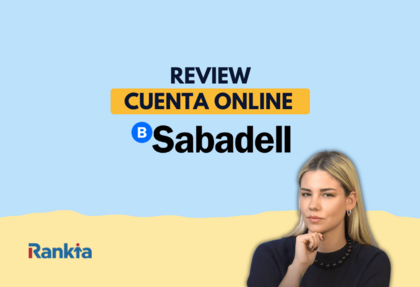 Imagen portada de la Cuenta Online Sabadell con fondo azul y amarillo, logo de Banco Sabadell y Rankia, y retrato de mujer rubia pensativa en primer plano, representando una review de producto financiero.