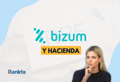Imagen de portada: Una joven con actitud pensativa frente a un fondo con el logotipo de Bizum y el texto Y HACIENDA en un banner amarillo, con el logo de Rankia en la esquina inferior izquierda.