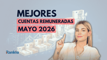 Fondo azul claro con el texto “Mejores cuentas remuneradas mayo 2026” en letras negras sobre bloques rosas, gráfico ascendente con fajos de billetes en euros, mujer señalando hacia arriba y logo de Rankia en la esquina inferior izquierda.