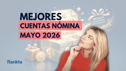 Imagen de mejores cuentas nómina en mayo 2026 con mujer pensando, dinero en efectivo y regalos, representando incentivos bancarios por domiciliar ingresos