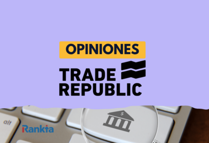 Imagen de portada sobre opiniones de Trade Republic con el logo del banco sobre fondo violeta y teclado bancario de fondo.