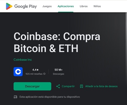 Coinbase opiniones en Google Play Store