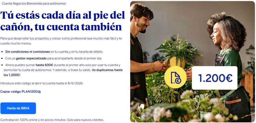 Promoción de la Cuenta Negocios Bienvenida BBVA para autónomos con incentivo económico