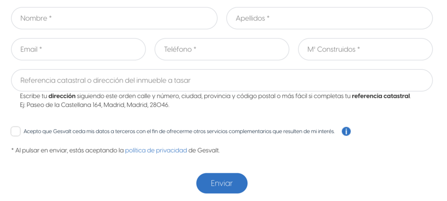 Campos que hay que rellenar para solicitar una tasación con Gesvalt
