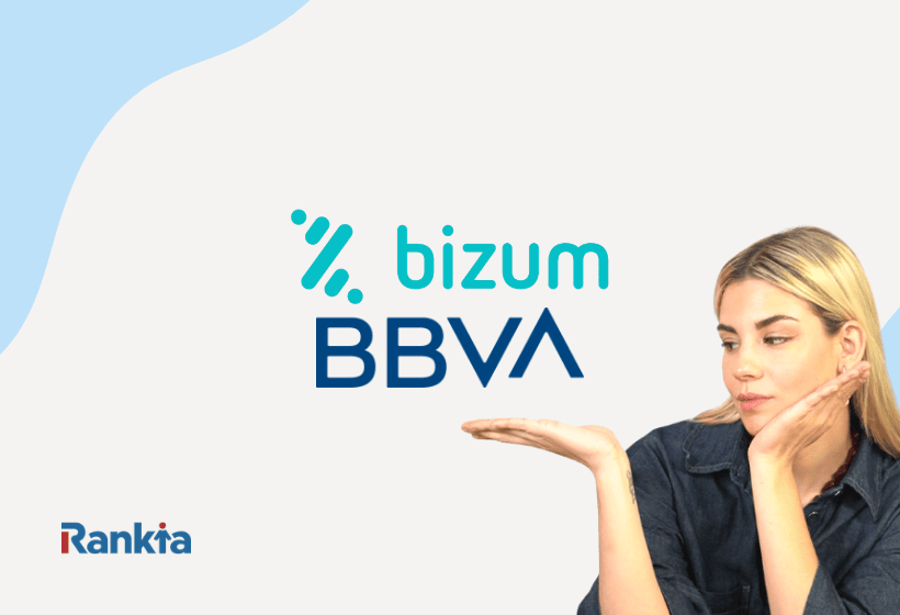 Logo de Bizum BBVA junto a una mujer señalando el servicio de pagos móviles desde una app bancaria.