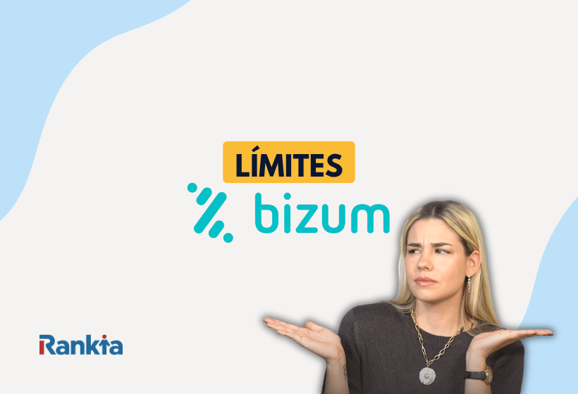 Mujer haciendo gesto de duda junto al logo de Bizum y el texto “Límites Bizum” sobre fondo gris con detalles azules y logo de Rankia.