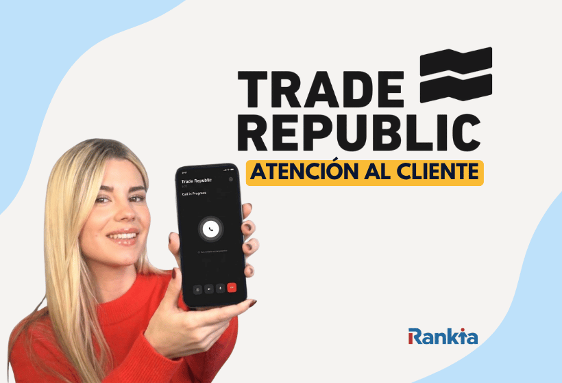 Mujer mostrando un móvil con llamada activa de atención al cliente Trade Republic junto al logo de la plataforma de inversión.