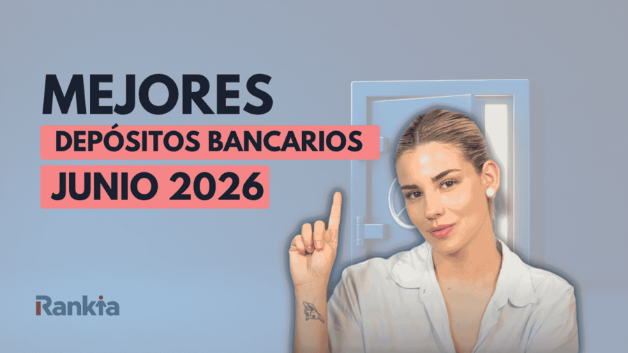 Imagen con fondo azul claro y texto “Mejores depósitos bancarios junio 2026” en letras negras y rosa. Mujer en primer plano señalando hacia arriba junto a una caja fuerte abierta y logo de Rankia en la parte inferior izquierda.