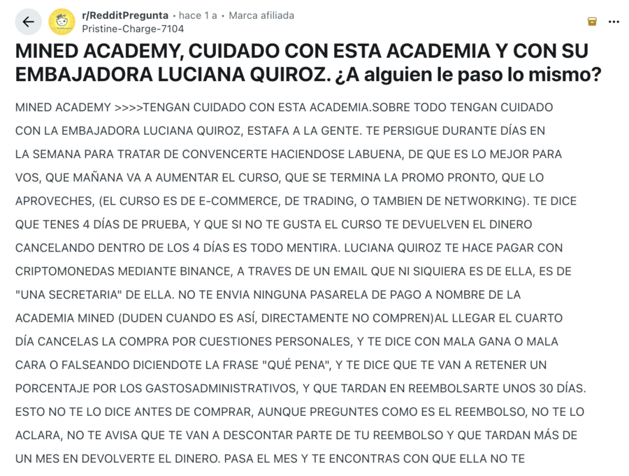 Usuario 2 Reddit Mined Academy estafa