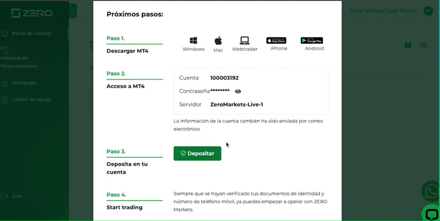 Depósito de fondos en ZERO Markets