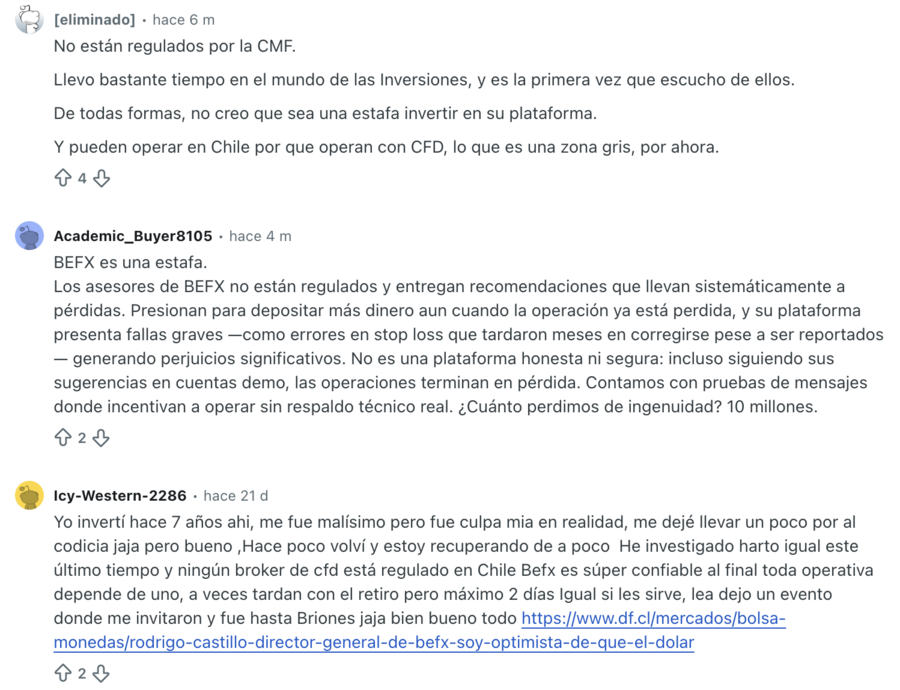Opiniones de BeFX en Reddit
