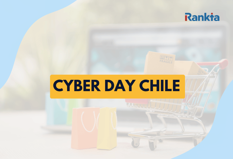 Imagen de portada: con el título cyber day Chile y una imagen de fondo de compras online con el logo de Rankia