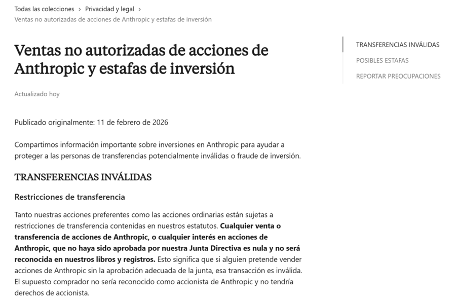 entas no autorizadas de acciones de Anthropic y estafas de inversión |Web oficial Anthropic