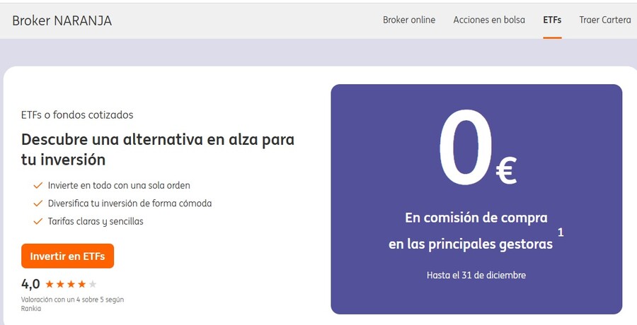 ETFs sin comisiones del Broker NARANJA e ING