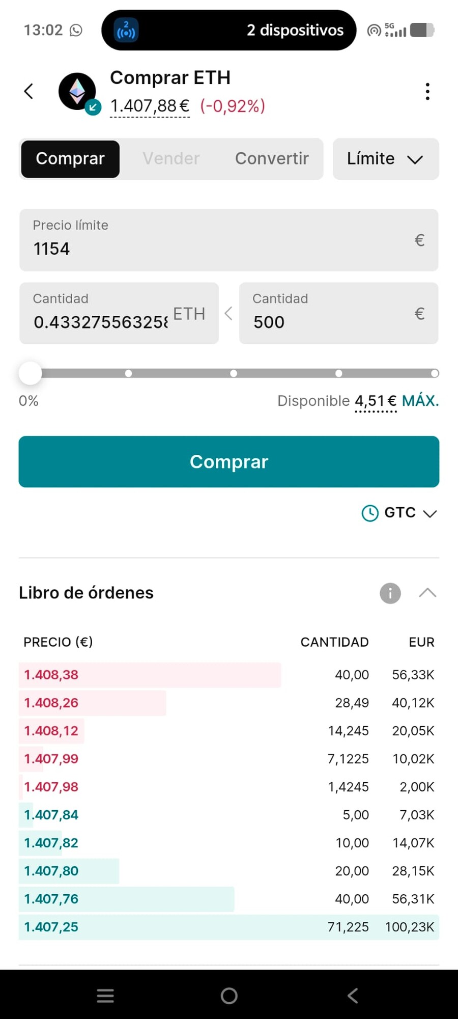 Orden de compra sobre la criptomoneda ETH