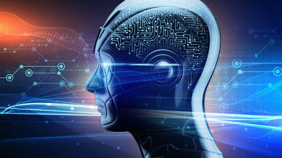 Cabeza humana rodeada de dispositivos tecnológicos, simbolizando la conexión entre la mente y la tecnología moderna.