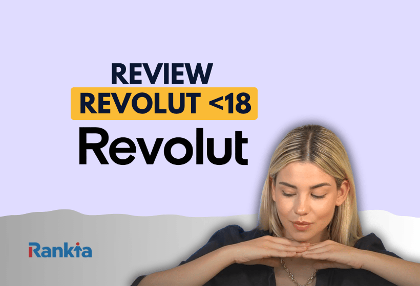 Una imagen con el texto "Review Revolut <18" y el logotipo de Revolut sobre un fondo lila. En la parte inferior aparece una mujer rubia apoyando la barbilla sobre las manos y, en la esquina izquierda, el logotipo de Rankia. El diseño presenta el análisis de la cuenta para menores de Revolut.