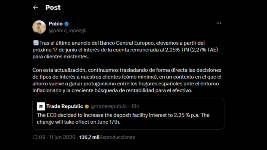 Captura del tuit de Pablo López, Regional Manager de Trade Republic para España, anunciando la subida de la cuenta remunerada al 2,27% TAE a partir del 17 de junio, en respuesta a la decisión del BCE.