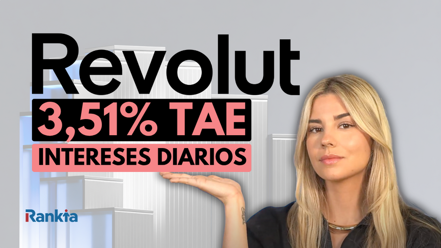 Imagen con fondo gris y formas geométricas inspiradas en gráficos financieros. En primer plano aparece una mujer rubia señalando el texto "Revolut 3,51% TAE Intereses diarios", mientras el logo de Rankia se muestra en la esquina inferior izquierda.