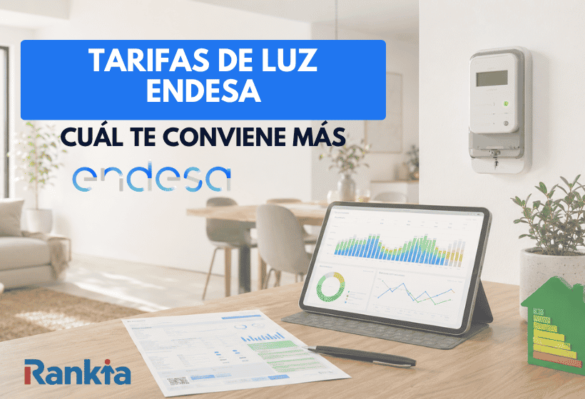 Hogar moderno con factura de la luz, contador inteligente y gráficos de consumo energético en una tablet para comparar tarifas eléctricas y ahorrar según los hábitos de uso.