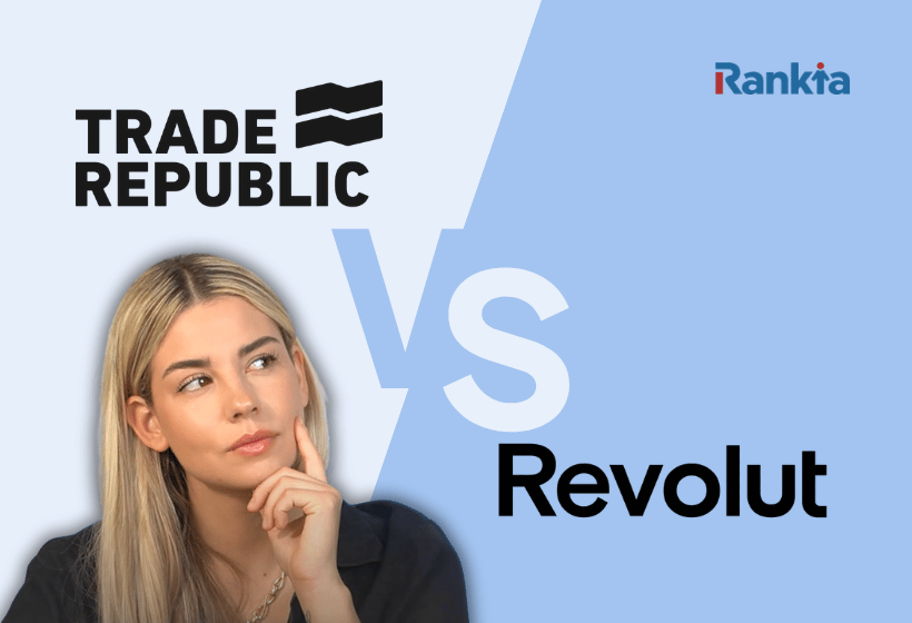 Fondo en tonos azules con los logotipos de Trade Republic y Revolut, acompañados de un gran "VS" central. En primer plano, una mujer con gesto reflexivo simboliza la elección entre ambos neobancos.