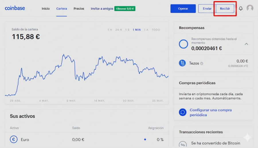 Pantalla de recepción de criptomonedas en Coinbase con selector de red