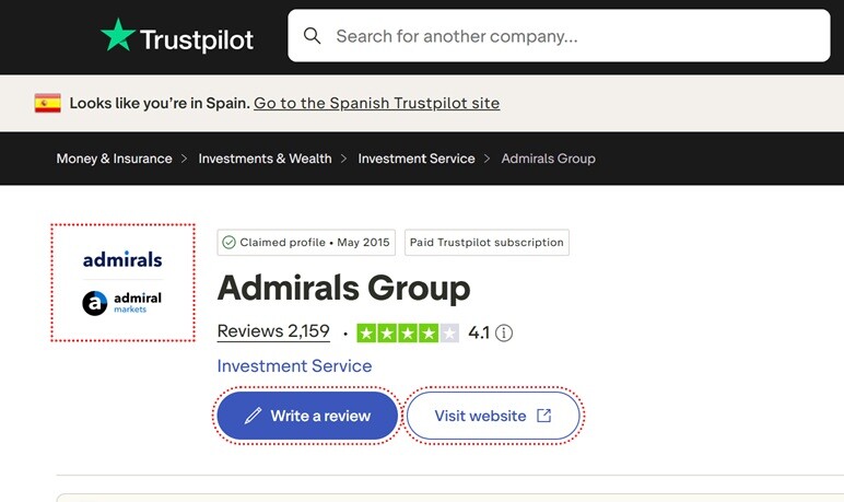 Perfil de Admirals Group en Trustpilot: 4,1 sobre 5 con 2.159 reseñas