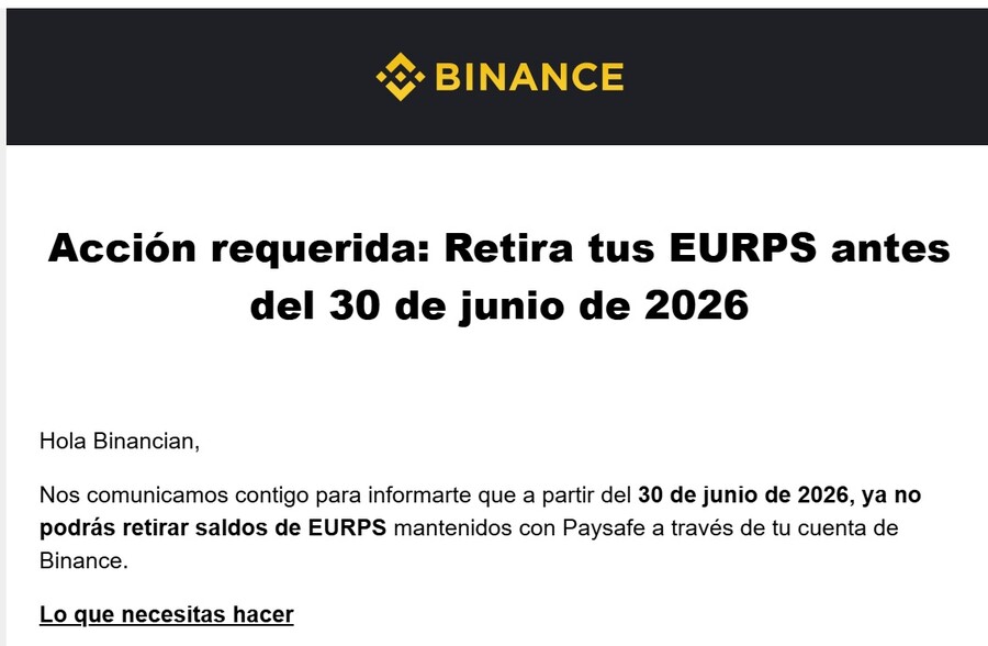 Comunicado oficial de Binance para retirar tu saldo en EURPS