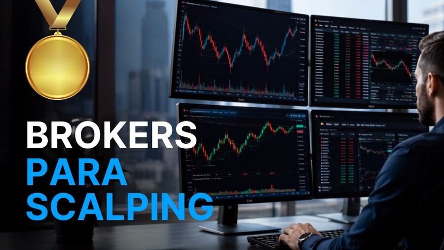Un hombre haciendo trading en múltiples pantallas con el texto Brokers para scalping