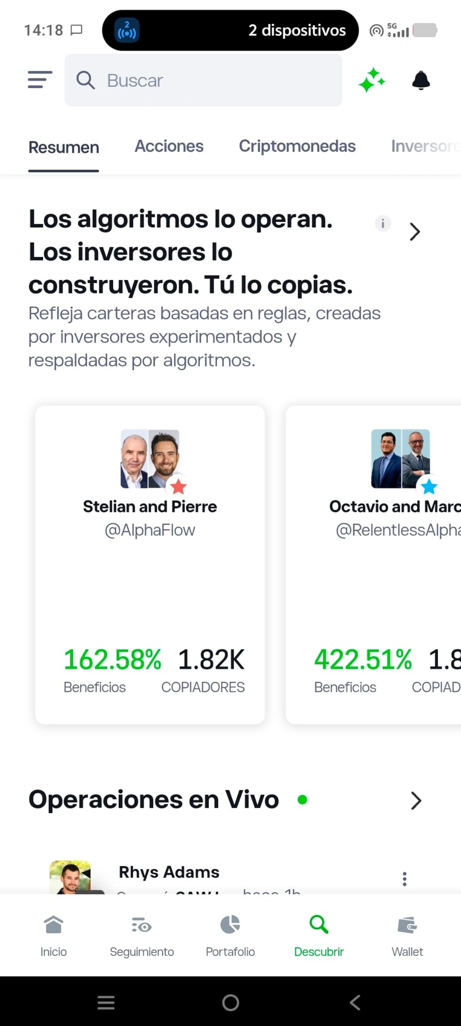 App de eToro donde puedes efectuar copy trading