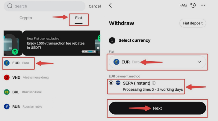 Pantalla de retiro de euros por SEPA en Bitget