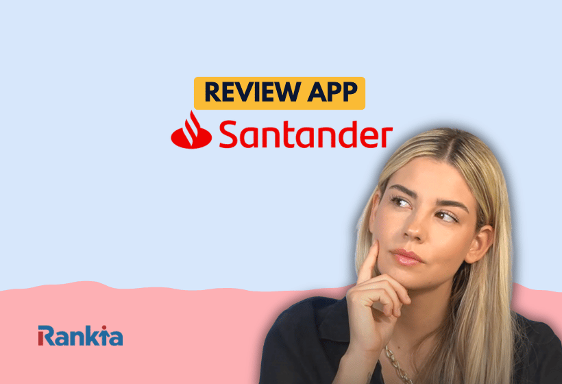 Mujer rubia en pose pensativa sobre fondo azul y rosa, junto al logo de Santander y el texto “Review App Santander”, con el logo de Rankia en la esquina inferior izquierda.