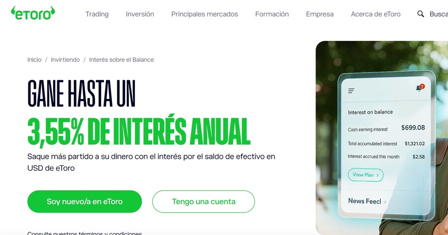Etoro ofrece una cuenta de saldo remunerada al 3,55%