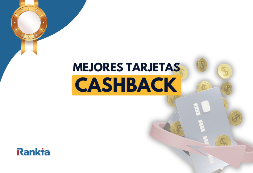 Ilustración con una tarjeta bancaria gris rodeada de monedas doradas y una cinta en movimiento, junto al texto "Mejores tarjetas cashback" y una medalla dorada sobre fondo gris claro con elementos gráficos en azul y amarillo.