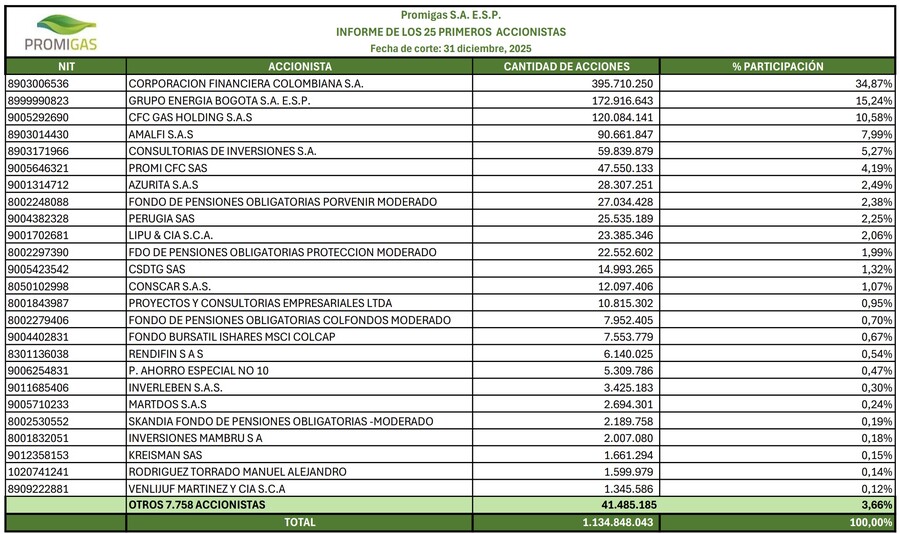 Accionistas institucionales de Promigas