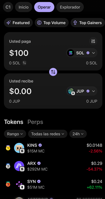 intercambiando solana por Jupiter desde la wallet de Phantom