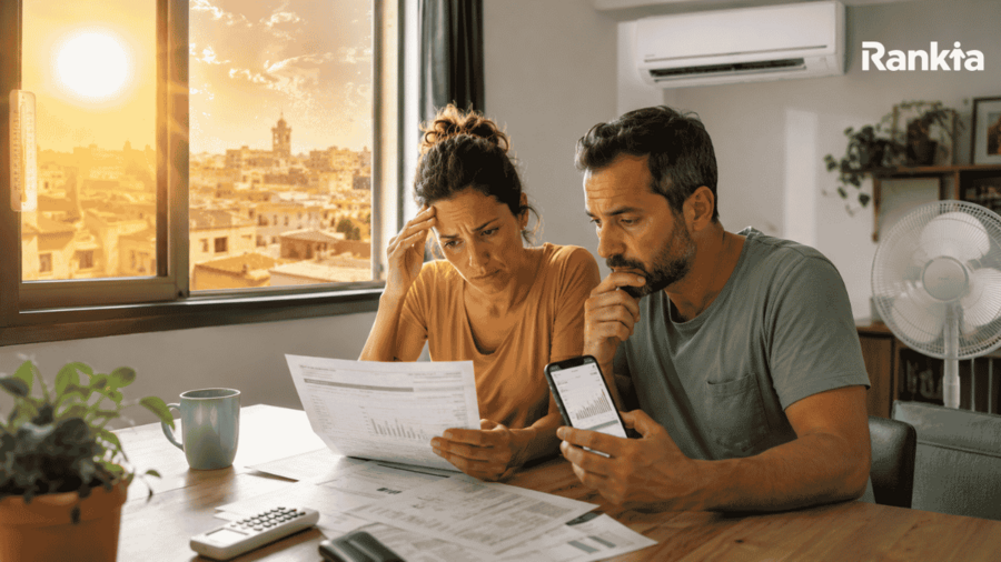 Pareja revisando la factura de la luz y el consumo eléctrico en casa durante una ola de calor, con aire acondicionado encendido y sol intenso entrando por la ventana.