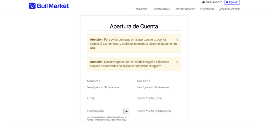 Datos para la Apertura de Cuenta de Bull Market