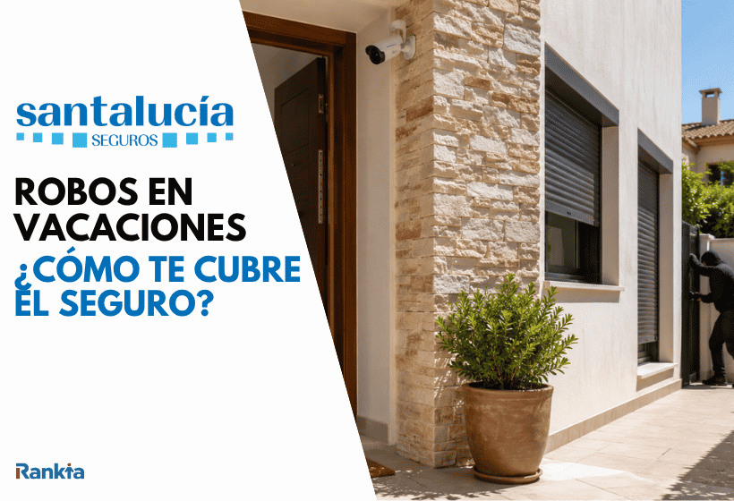 Casa vacacional en verano con maletas en la entrada, cámara de seguridad y una persona intentando acceder discretamente por un lateral.