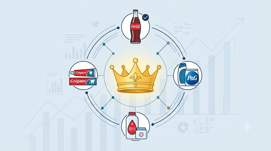 Corona que representa los reyes del dividendo con ilustraciones de Coca Cola, Colgate, Champú P&G y Johnson & Johnson